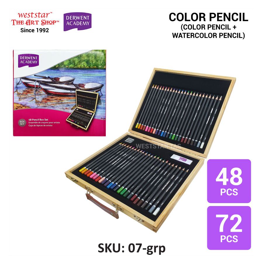 Derwent Academy Color Pencil Set Wooden Box 48pcs / 72pcs (colors pencil + watercolor pencil)