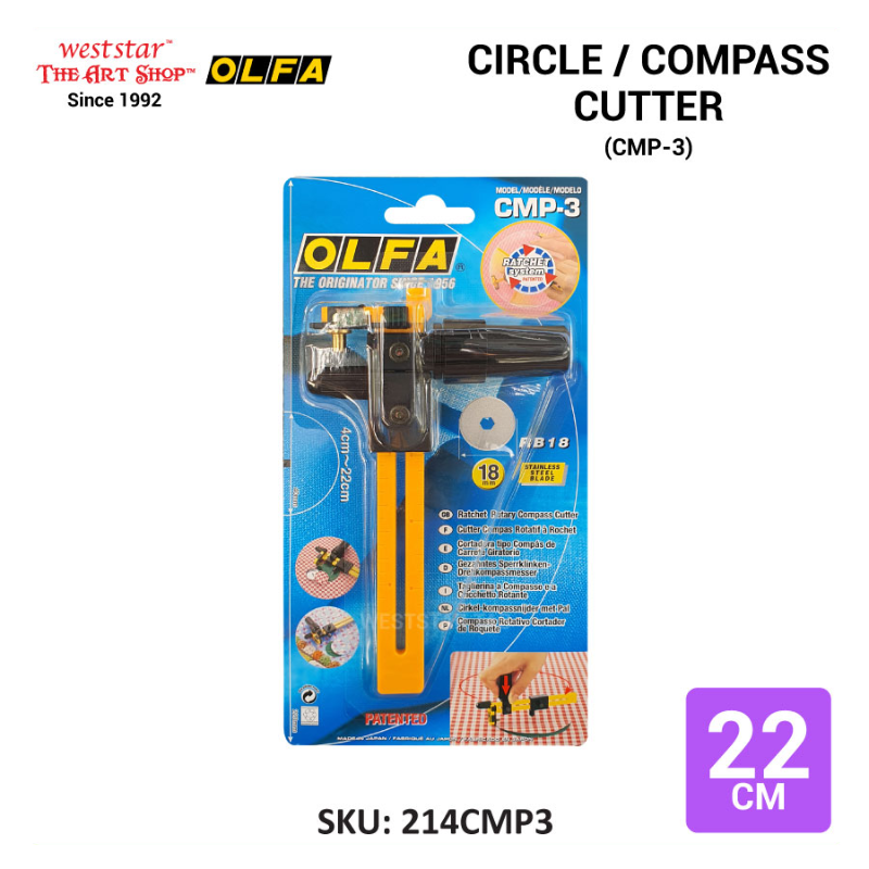 OLFA Circle Cutter, Olfa Compass Cutter, Olfa Fabric Circle Cutter, OLFA Rotary Cutter for Fabric (Cuts 4-22cm diameter) CMP-3