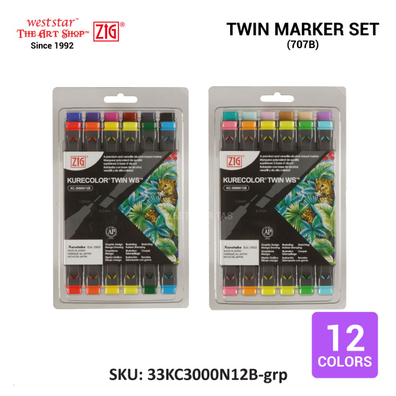 Zig Kurecolor Twin Nib Marker, Kuretake Twin Marker Set Alcohol Based Marker, Art Marker (12colors)