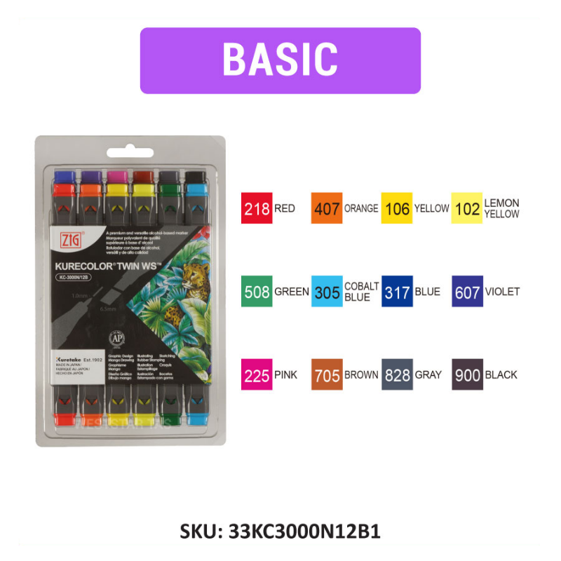 Zig Kurecolor Twin Nib Marker, Kuretake Twin Marker Set Alcohol Based Marker, Art Marker (12colors)
