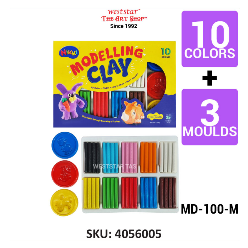 Nikki Clay , Plasticine (MD-100-M) | 5 Colors + 3 Moulds (Suitable for Kids  3+)