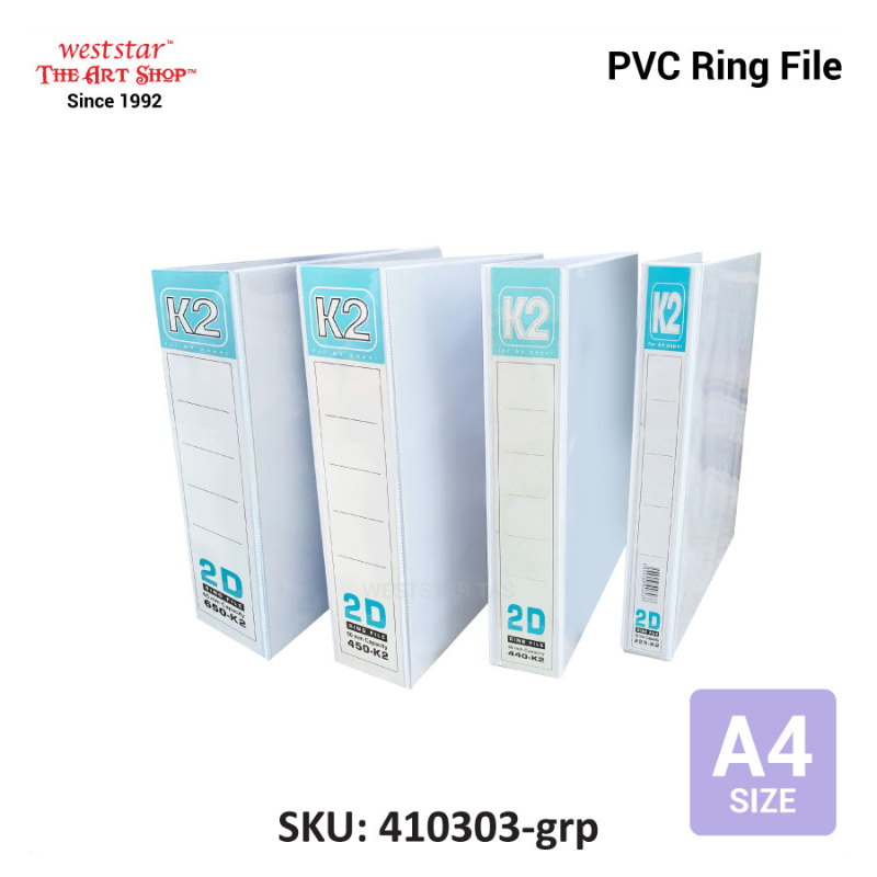 K2 A4 2D PVC Ring File 2D File 25mm, 40mm 50mm, 65mm
