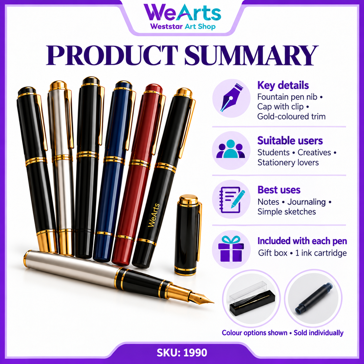 WEARTS Classic Fountain Pen | Elegant Writing Pen with Gift Box & Ink Cartridge