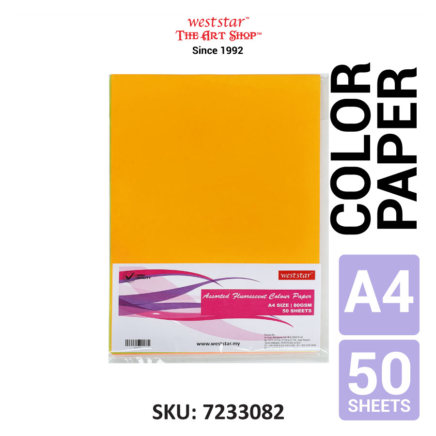 A4 Color Paper, Assorted Fluorescent (80gsm x 50sheets)