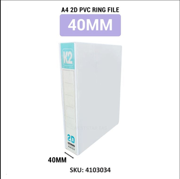 K2 A4 2D PVC Ring File 2D File 25mm, 40mm 50mm, 65mm