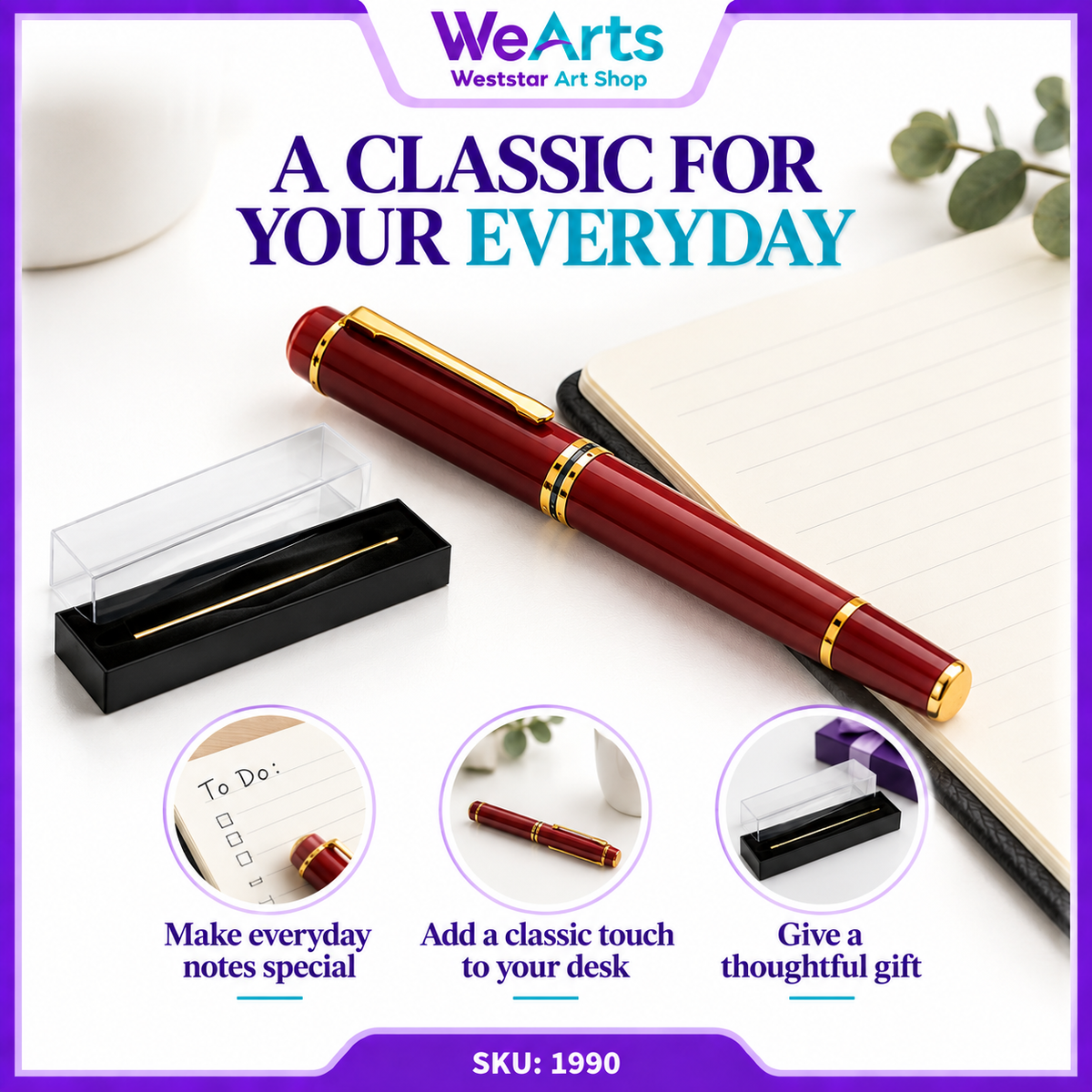 WEARTS Classic Fountain Pen | Elegant Writing Pen with Gift Box & Ink Cartridge