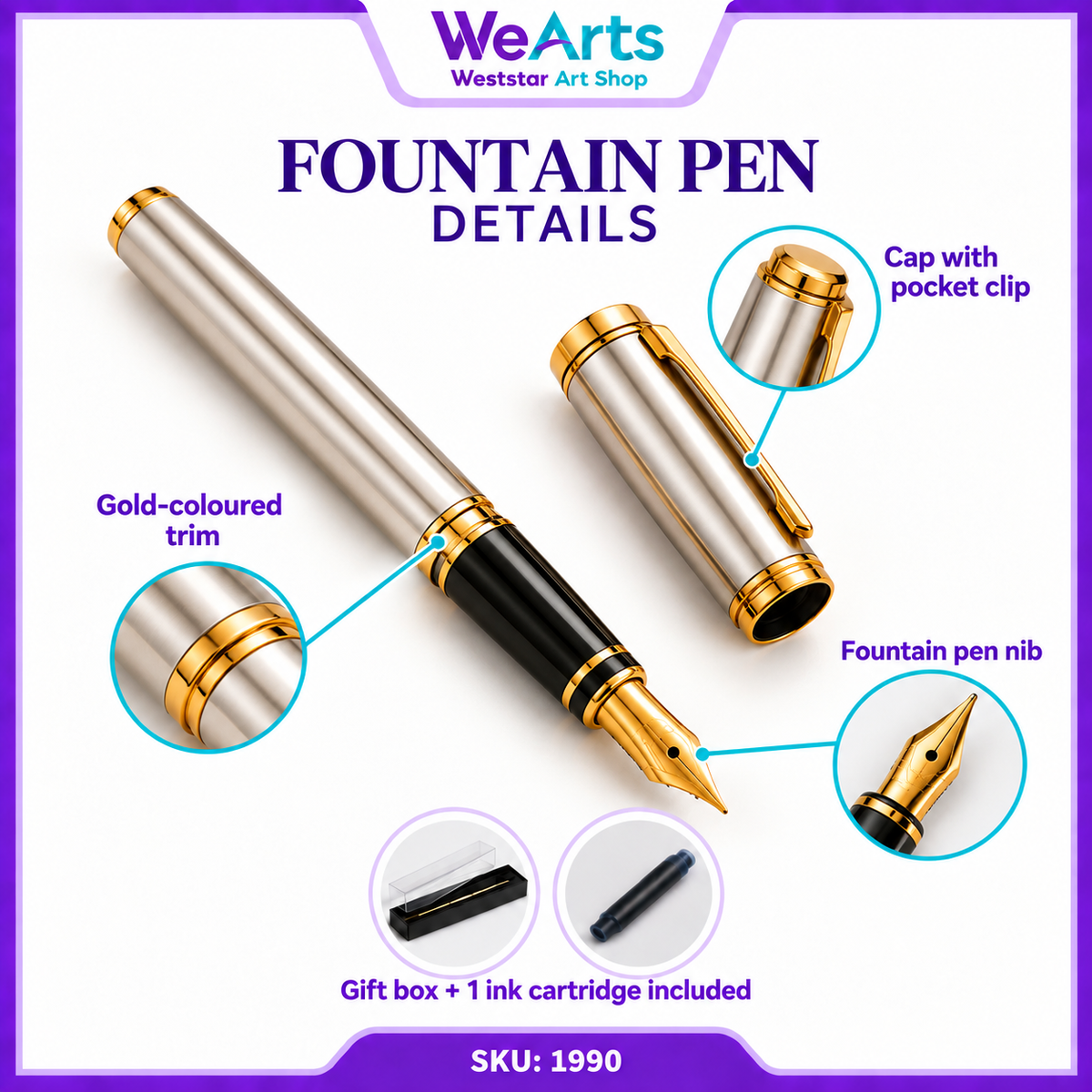 WEARTS Classic Fountain Pen | Elegant Writing Pen with Gift Box & Ink Cartridge
