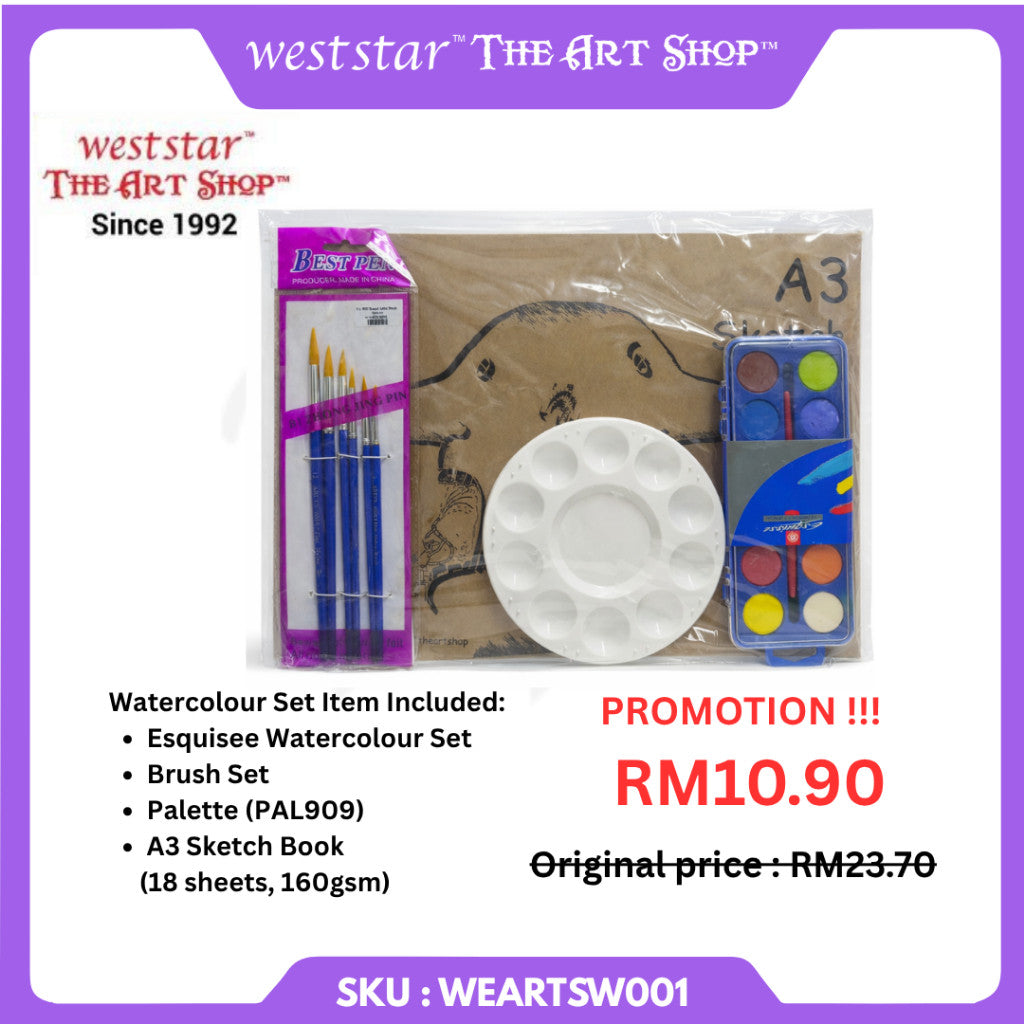 WATERCOLOUR PAINTING SET ( Esquise Watercolour +Brush Set + Palette +A3 Sketch Book) WORLD ART DAY PROMOTION