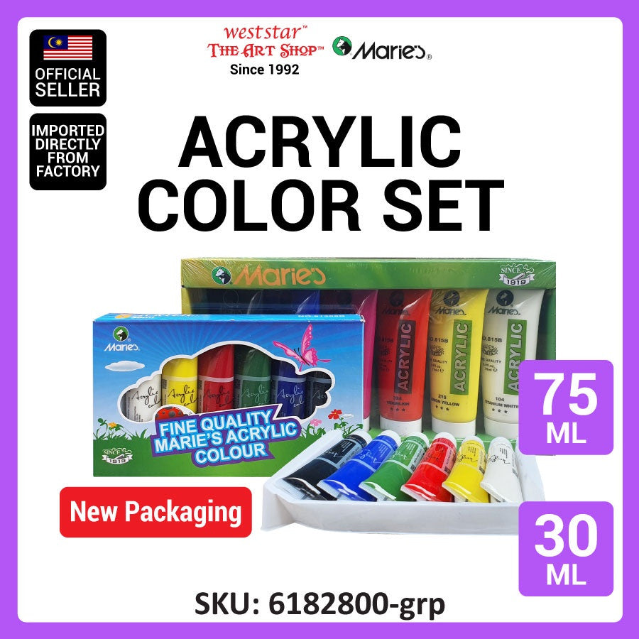 MARIES Acrylic Paint set 6 Col, Arcylic Paint Set,Acrylic Colour,Cat Arkilik,Akrilik Colour,Cat Akrilik Set Art Painting