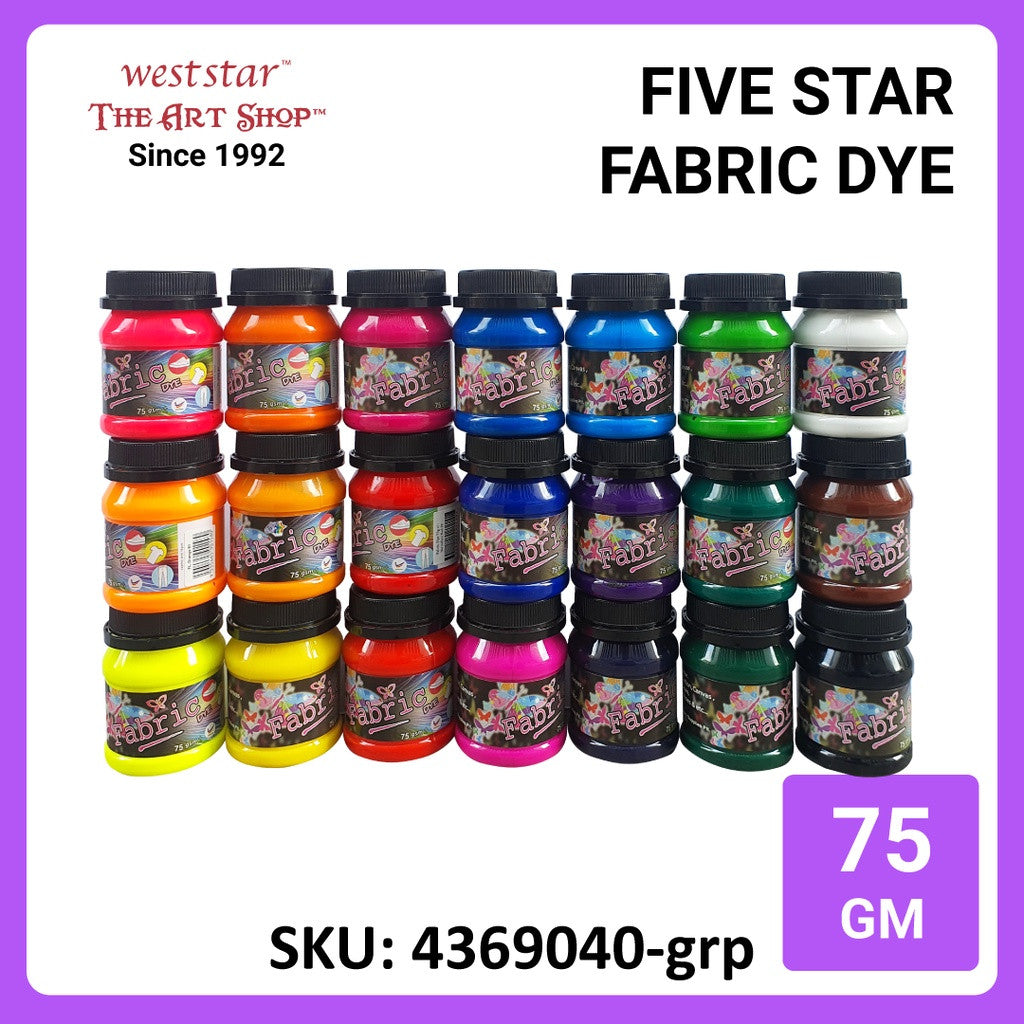 Five Star Fabric Dye 75gm - Standard Color | Clothes DIY Stationery Paint Dye Shirt Batik Fashion Design Office Colouring Colour Tie-Dye Stamping Textiles
