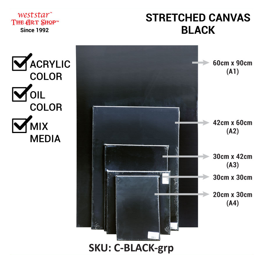 Black Stretched Canvas Black Painting Canvas (Acrylic, Oil, Mix Media) 30cm, A4, A3, A2, A1 (LIMITED STOCK)