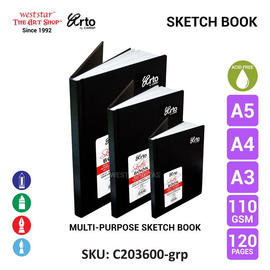 Arto by Campap A5, A4, A3 Sketch Book, Hard Cover, Acid-Free (110gsm) (120pages)