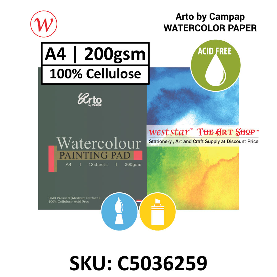Arto Watercolour Pad 12sheets | A4 - 200gsm (ACID FREE , 100% Cellulose)