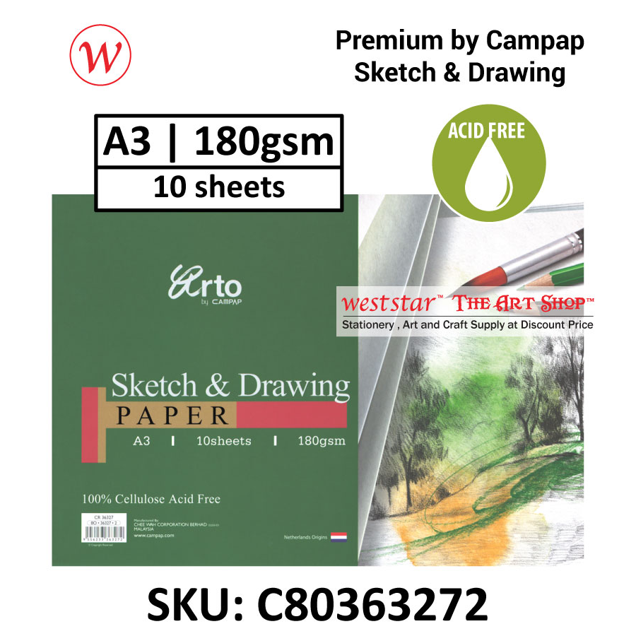 A3 Arto Sketch and Drawing Paper - 10 Sheets | 180gsm (ACID FREE 100% Cellulose)