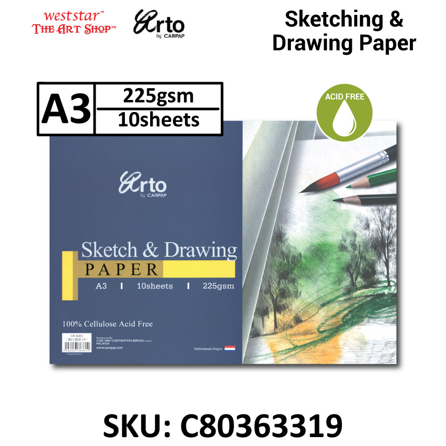 A3 Arto Sketch and Drawing Paper -10 sheets | 225gsm (ACID FREE 100% Cellulose)