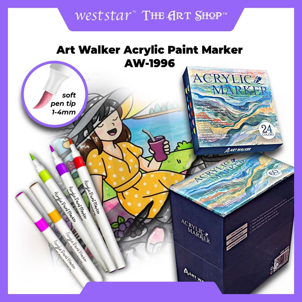 AW-1996 Art Walker Acrylic Marker Set SOFT NIB Acrylic Marker Set | 12/24/36/48/60/80 Colors,Vibrant Smooth Ink