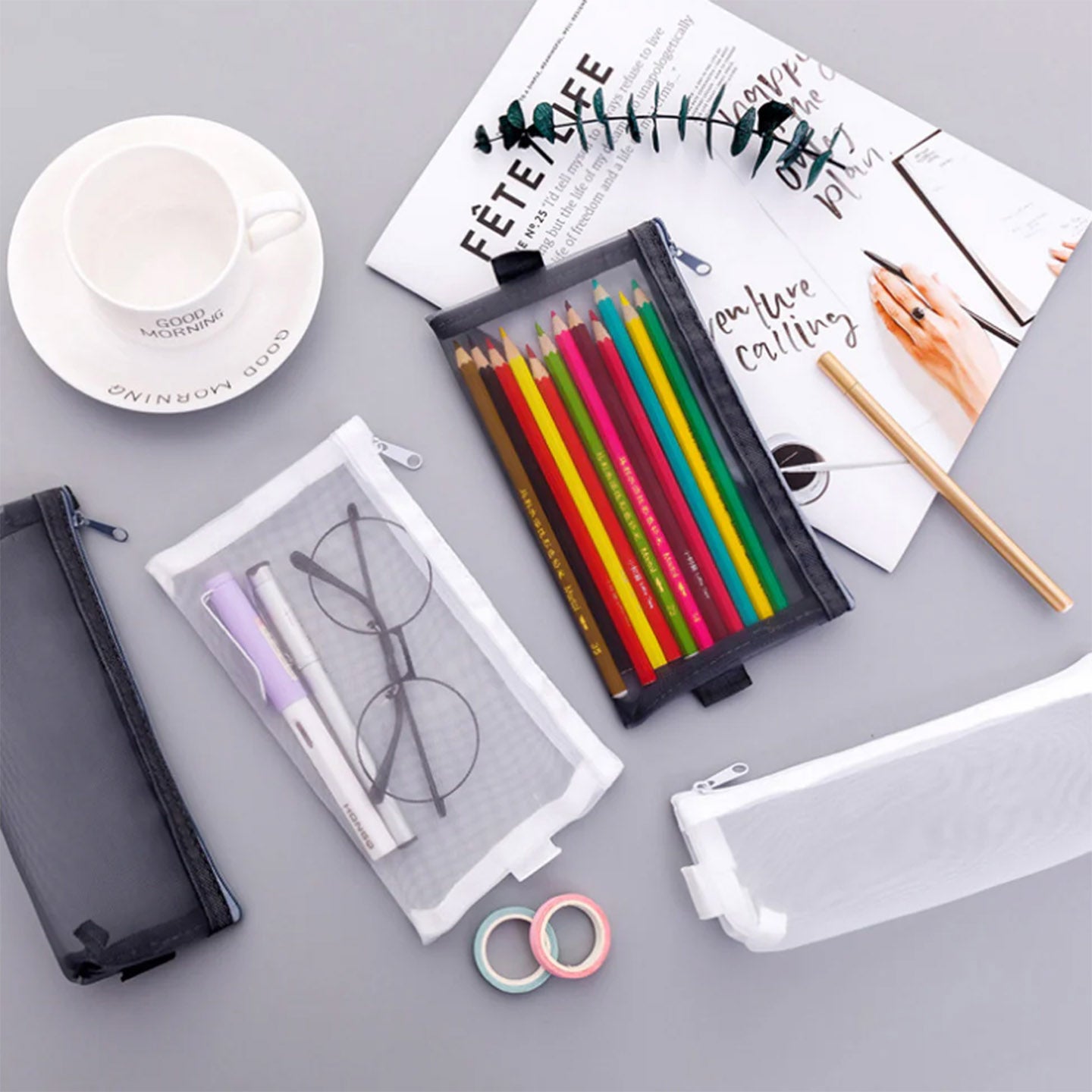 MOOTYS 23-6 Nylon Mesh Pencil Pouch Translucent Mesh Colour Pencil Bag Zip Clear Pencil Case (Colour randomly)
