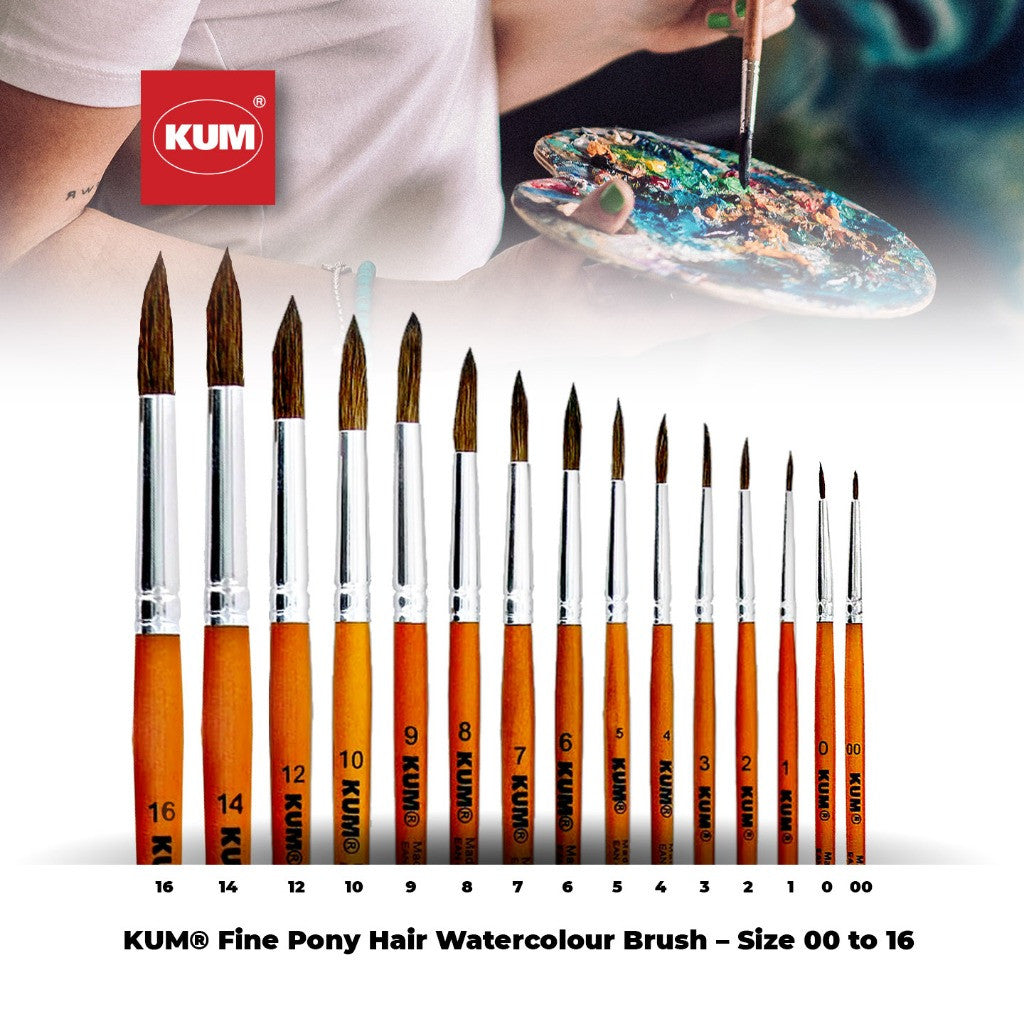 KUM Fine Pony Hair Watercolour Brush Pony Brush– Round Tip | Size 00–16 | For Students, Artists & Hobbyists