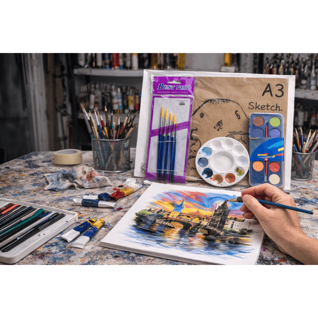 WATERCOLOUR PAINTING SET ( Esquise Watercolour +Brush Set + Palette +A3 Sketch Book) WORLD ART DAY PROMOTION