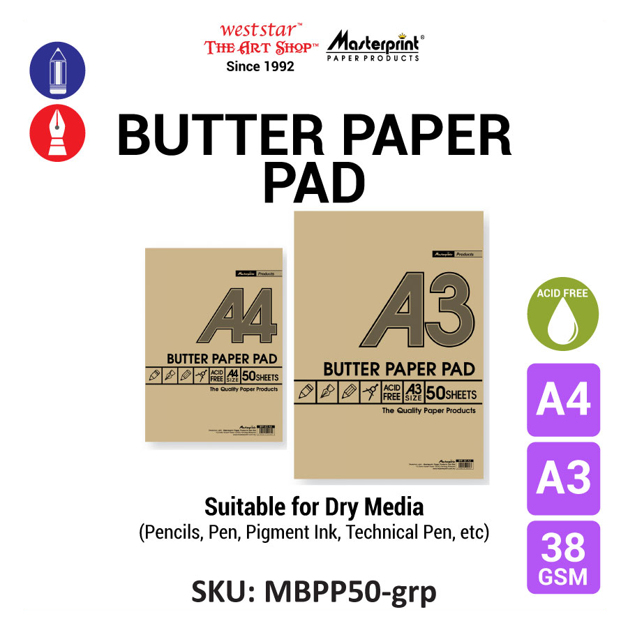 A4, A3 Masterprint Butter Paper Pad, Butter Pad (38gsm) 50sheets