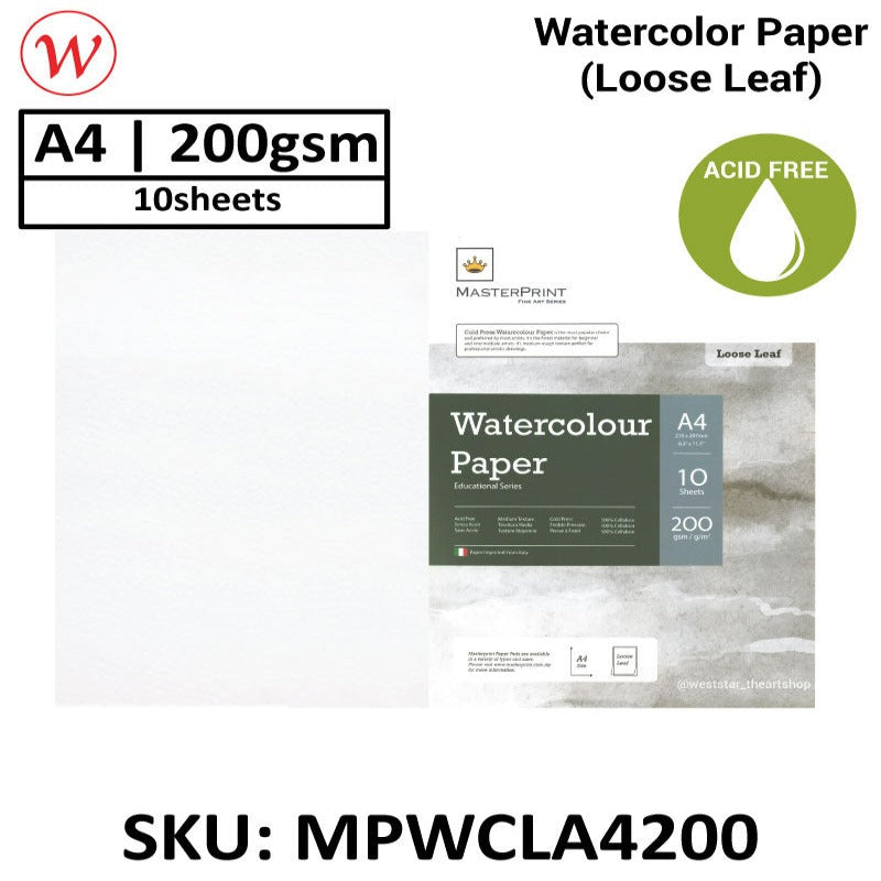 Masterprint Watercolour Paper (Loose Leaf) 10sheets | | 200g (COLD PRESS, 100% Cellulose)