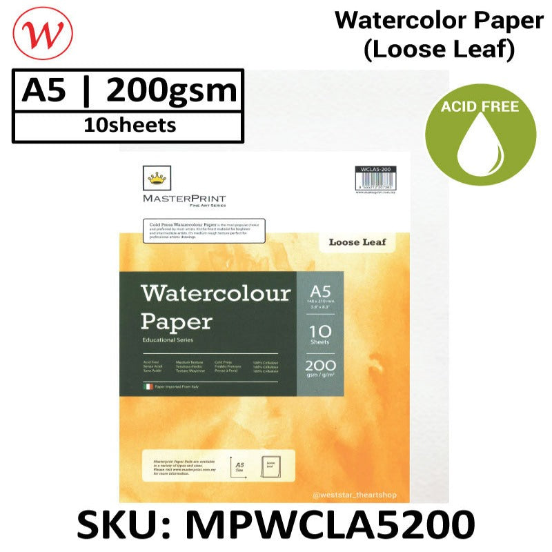 Masterprint Watercolour Paper (Loose Leaf) 10sheets | | 200g (COLD PRESS, 100% Cellulose)