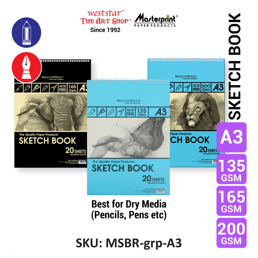 A3 Masterprint Sketch Book (18sheets) - 135gsm , 165gsm , 200gsm (ACID FREE)
