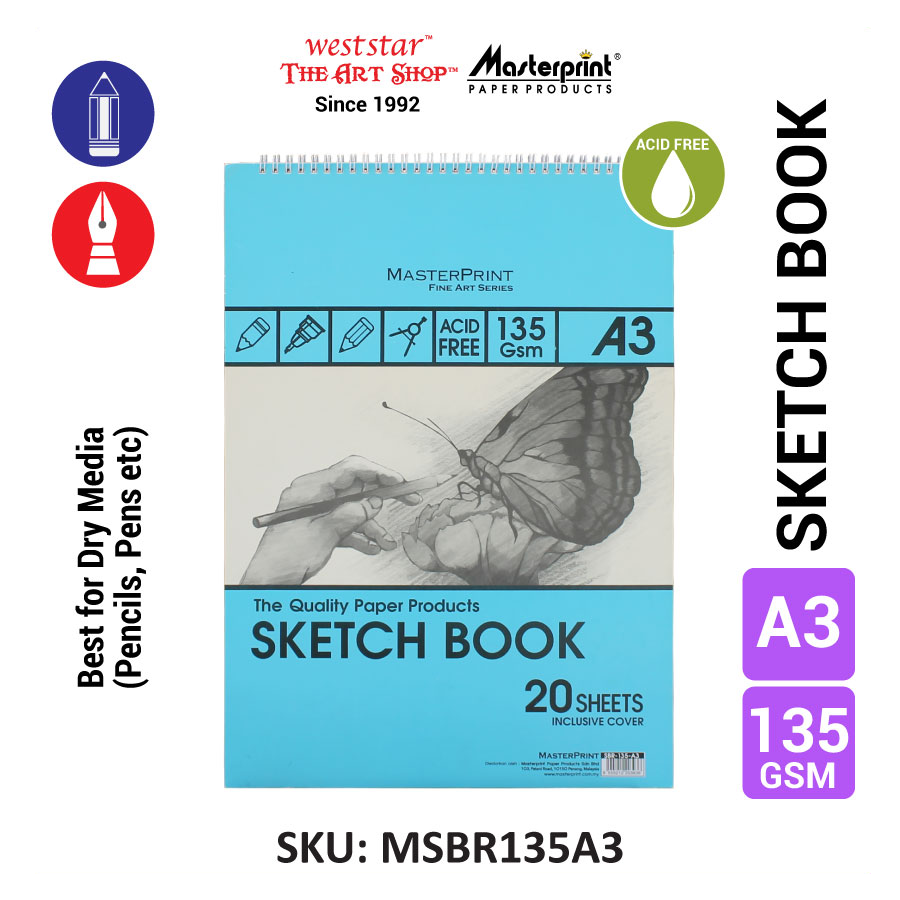 A3 Masterprint Sketch Book (18sheets) - 135gsm , 165gsm , 200gsm (ACID FREE)