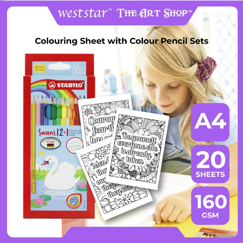 [WESTSTAR] Colouring Activity Set | Colouring Sheet | Colouring Set with 20 Sheets & 1 sets STABILO Colour Pencil