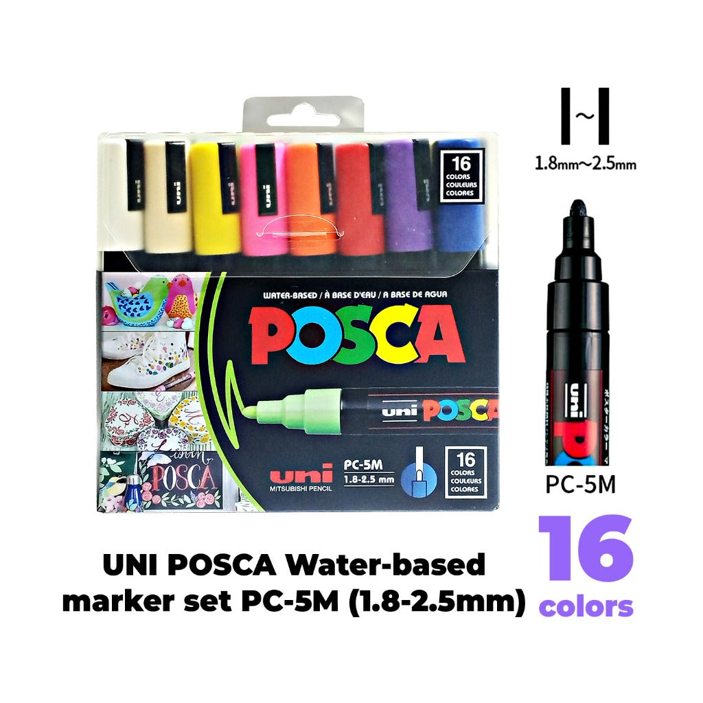 UNI POSCA Water-based Paint Marker Set ( PC-1M 8C ,8SC & 16C / PC-3M 8C ,8SC & 16C / PC-5M 8C ,8SC & 16C )