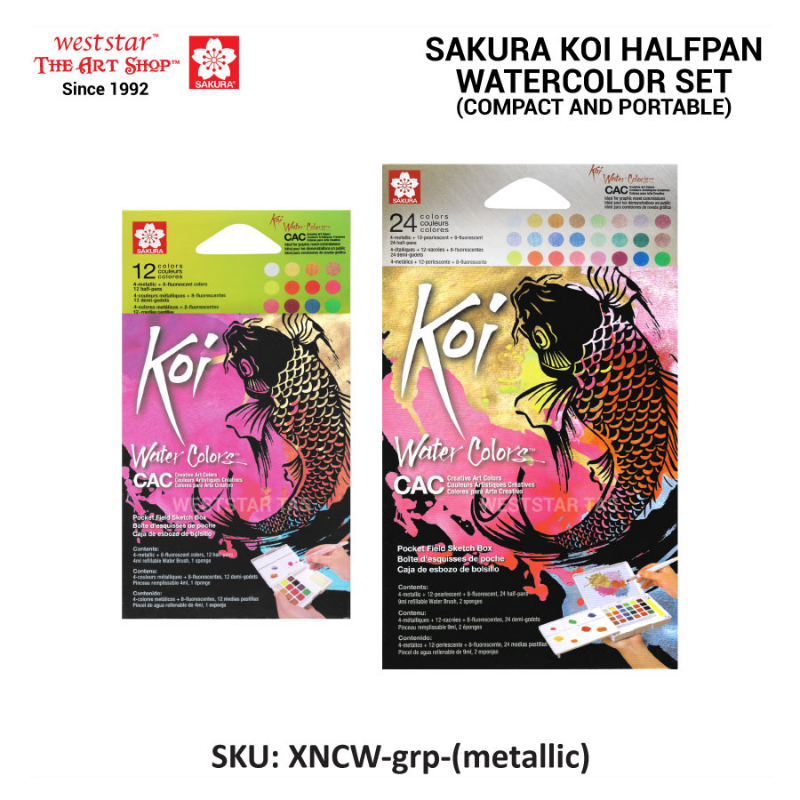 Sakura Koi Watercolor CAC, Sakura Halfpan Watercolor Set, Sakura Pocket Field Sketch Box 12, 24colors (Metallic & Fluorescent, Neon)