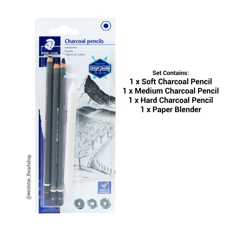 Staedtler Charcoal Pencil Set 3 charcoal + 1 blender (012100CSBK4) | 4pcs Set