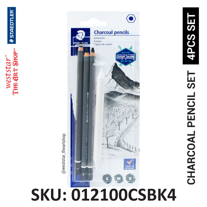 Staedtler Charcoal Pencil Set 3 charcoal + 1 blender (012100CSBK4) | 4pcs Set