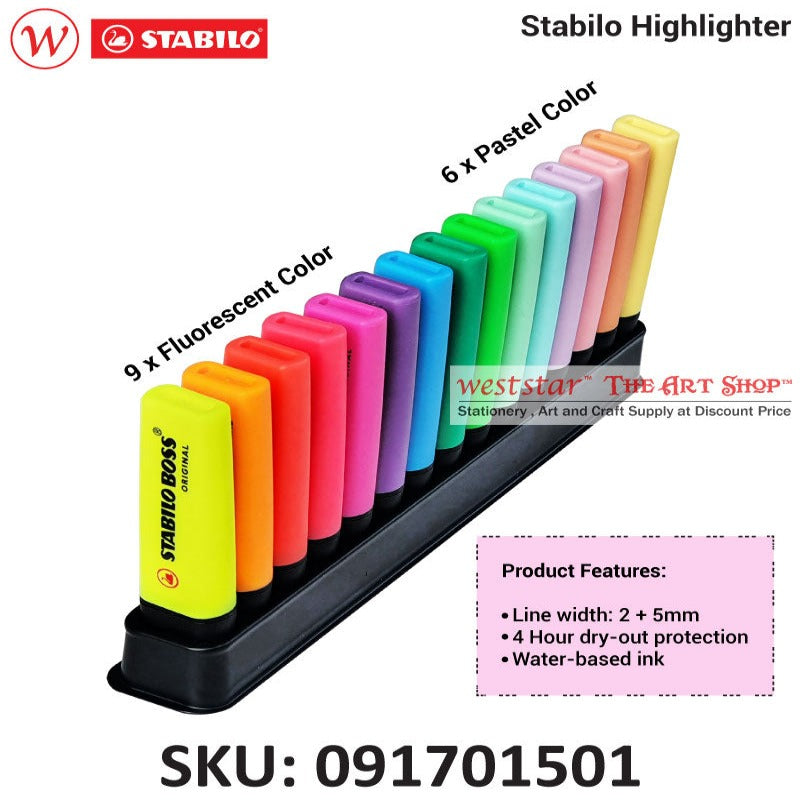 Highlighter Stabilo Boss Original Deskset 15 Assorted Colour Set