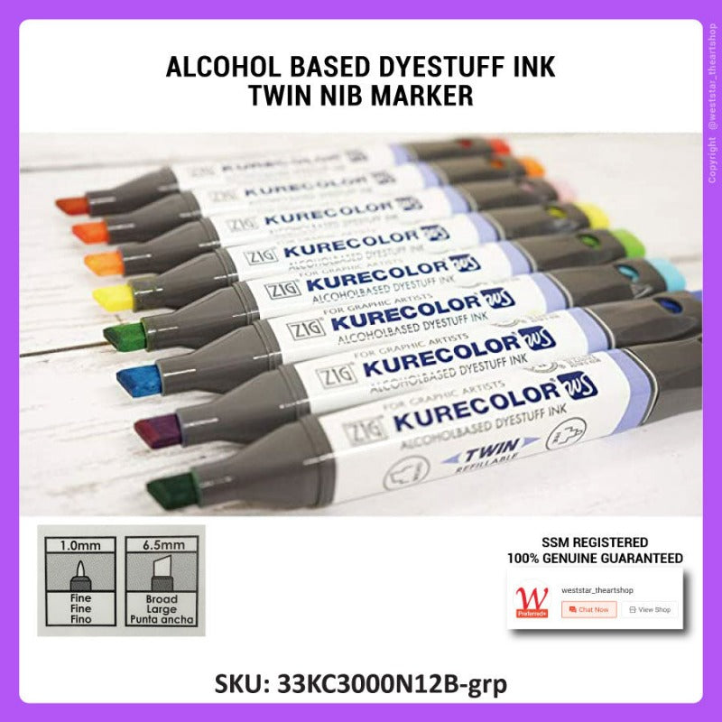 Zig Kurecolor Twin Nib Marker, Kuretake Twin Marker Set Alcohol Based Marker, Art Marker (12colors)