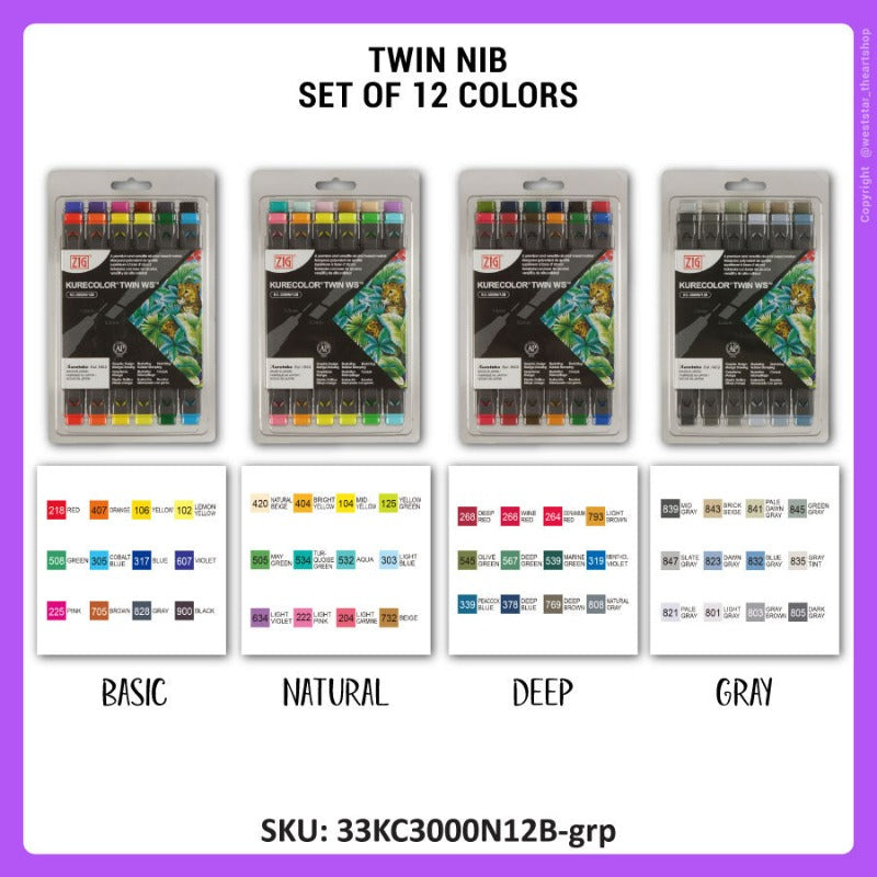 Zig Kurecolor Twin Nib Marker, Kuretake Twin Marker Set Alcohol Based Marker, Art Marker (12colors)