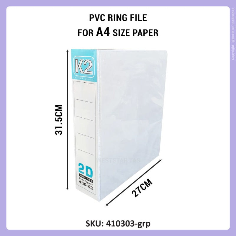 K2 A4 2D PVC Ring File 2D File 25mm, 40mm 50mm, 65mm