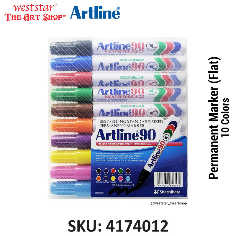 Artline Permanent Marker Set, Artline 90, Artline Marker - CHISEL / FLAT (Set of 10pcs)