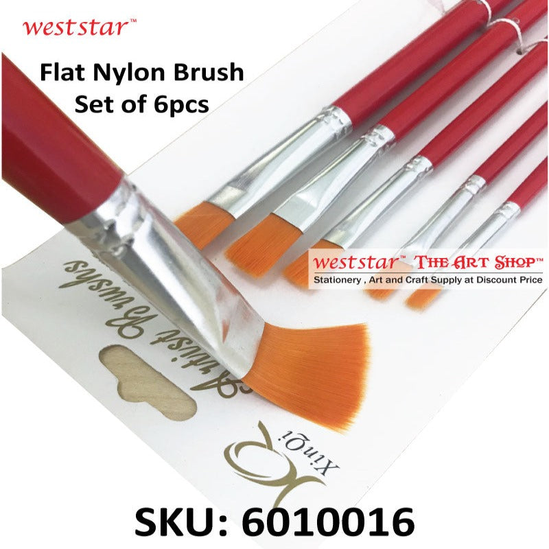 Red Flat Nylon Brush 6pcs | Beginner / Students