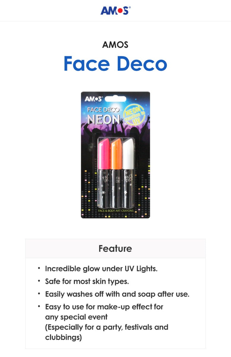 AMOS Face Deco Crayon, Face Paint, Face Marker | 3 Neon Color Set