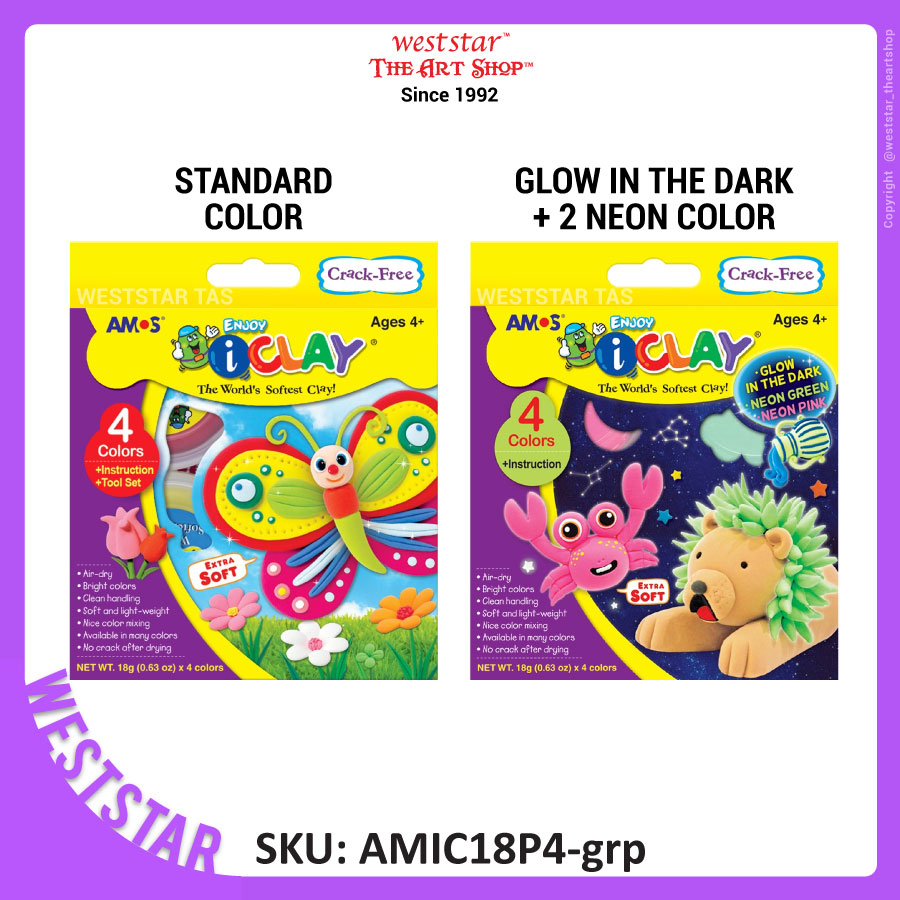 AMOS iCLAY , Air Dry Clay Set (4colors) - Bright Color / Glow in the dark / Neon