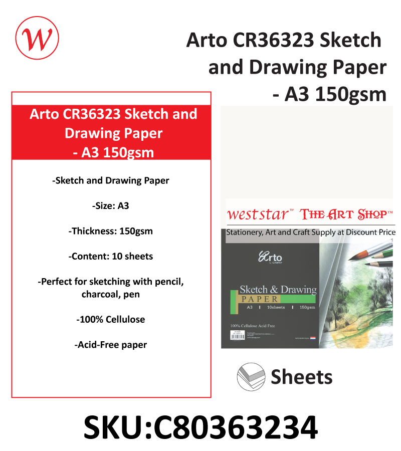 Arto CR36323 Sketch and Drawing Paper 10 Sheets | A3 - 150gsm (ACID FREE 100% Cellulose)