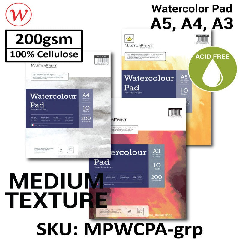 Masterprint Watercolour Pad 10sheets | | 200g (COLD PRESS, 100% Cellulose)