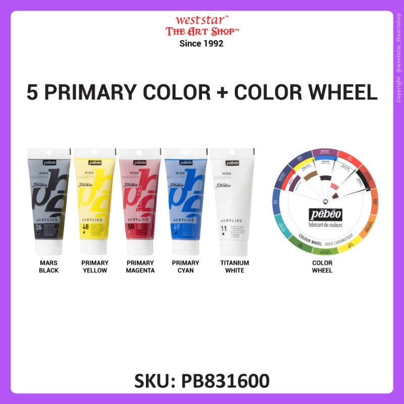 Pebeo Studio Acrylic Set, Primary Color Set (Free  Color Wheel) (5colors x 100ml)