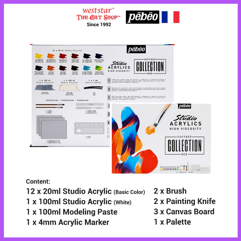 Pebeo Coffret Collection Studio Acrylic Box / Acrylic Kit with Canvas