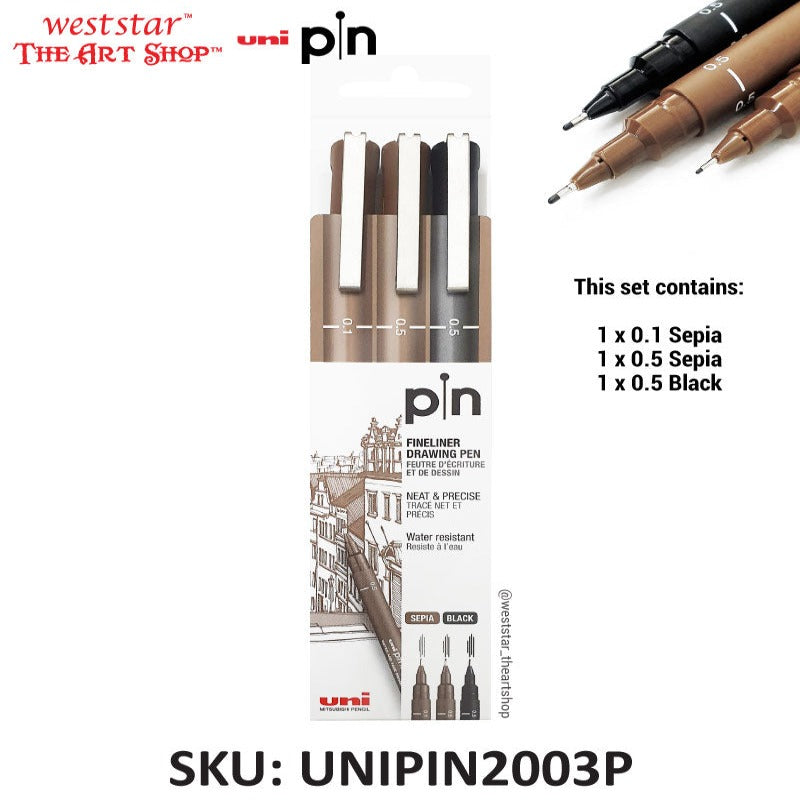 Uni Pin Fineliner Drawing Pen Set 3pcs (Sepia+ Black)