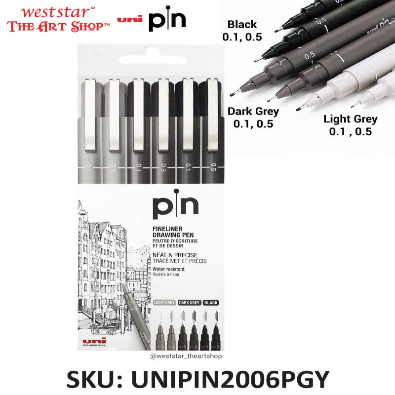 Uni Pin Fineliner Tekenset – Grijstinten, 0,1 En 0,5 Mm, 6 Stuks, Water- En Lichtbestendige Super Ink