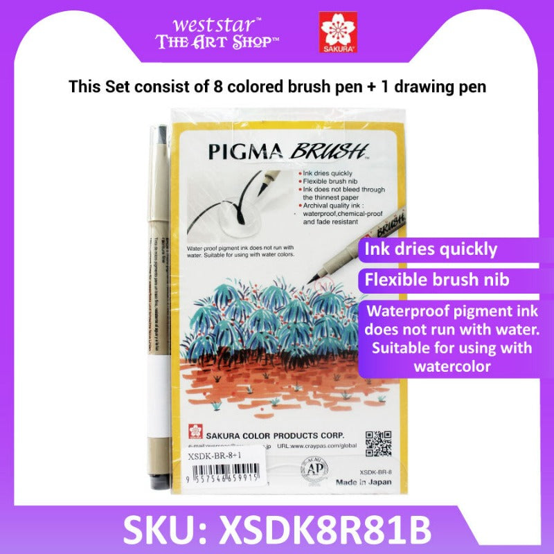 Sakura Pigma Brush Pen Set + 1 Drawing Pen (XSDKBR8+1)