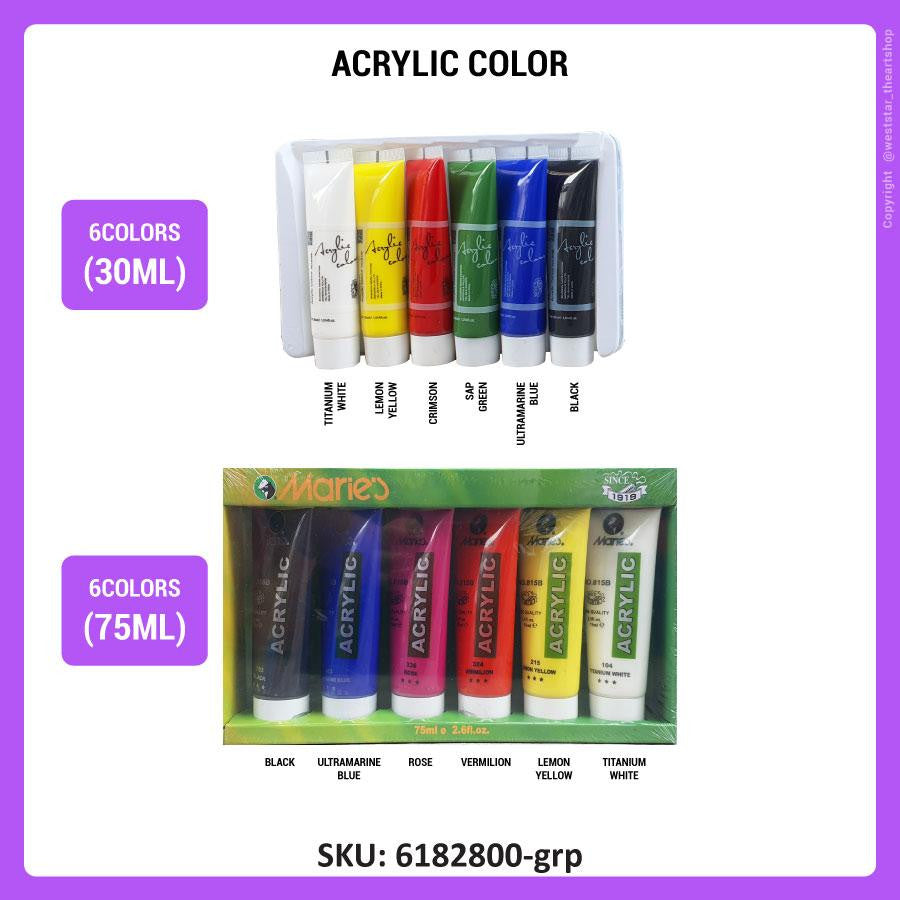 MARIES Acrylic Paint set 6 Col, Arcylic Paint Set,Acrylic Colour,Cat Arkilik,Akrilik Colour,Cat Akrilik Set Art Painting
