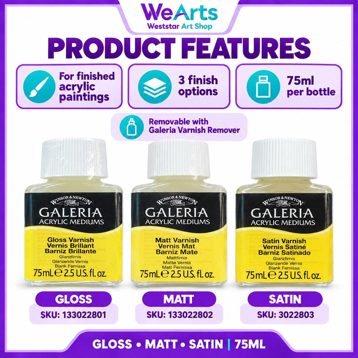 Winsor & Newton ACRYLIC MEDIUM  Varnish 75ml (GLOSS/MATT/SATIN)